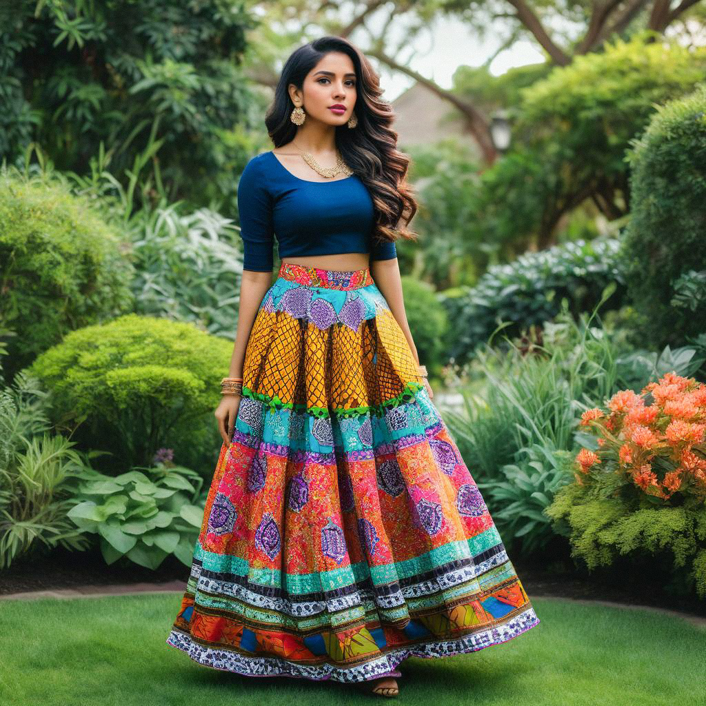Woman in Traditional Skirt in Lush Garden