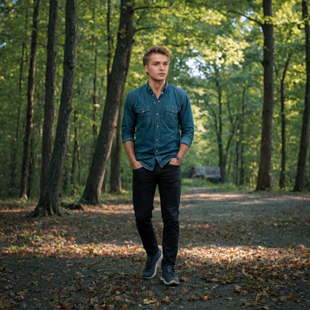 Young man in autumn forest path