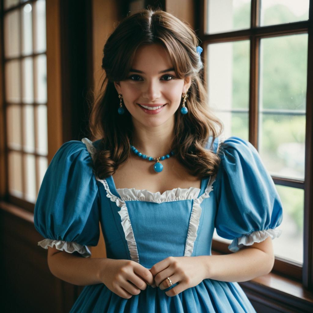 Wendy Darling Costume Woman in Blue Puff Sleeve Dress with Jewelry