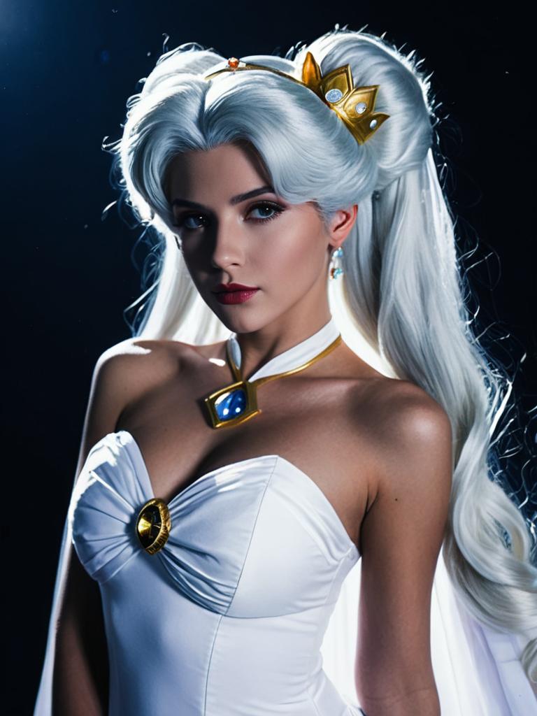Realistic Queen Serenity Cosplay Woman Character with White Hair and Crown