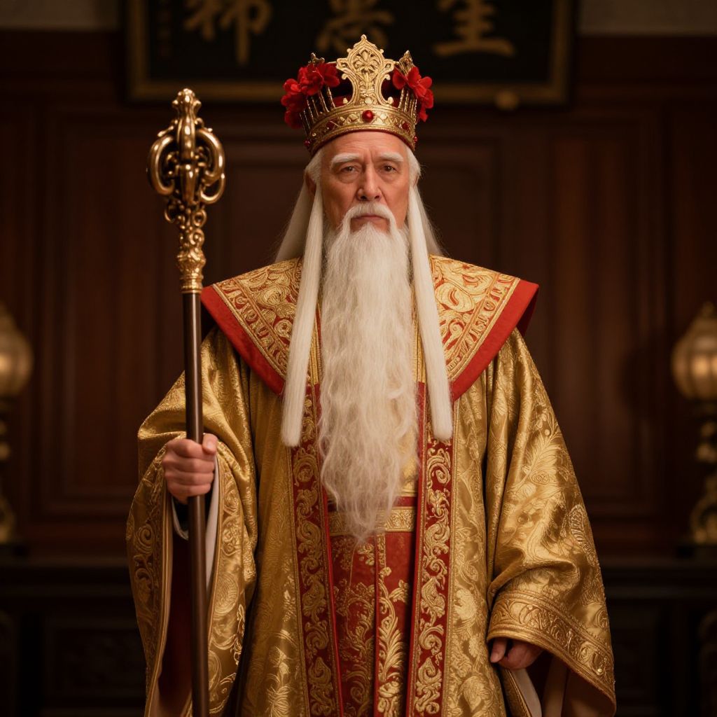 Regal Elderly Emperor in Traditional Chinese Royal Garb Holding Scepter