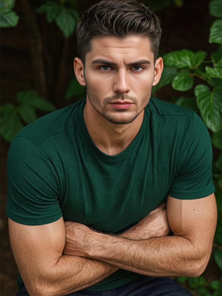 Confident Man in Green T-Shirt Amidst Lush Foliage