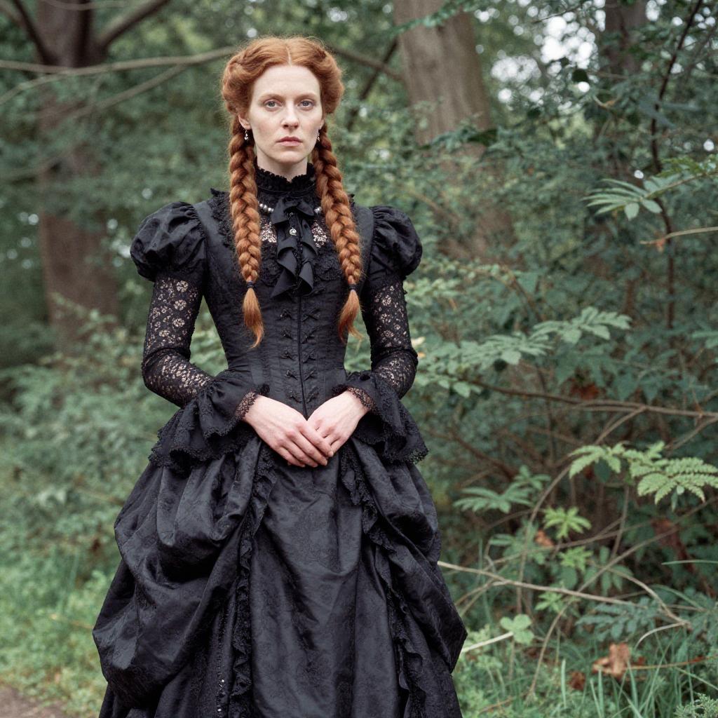 Victorian Gothic Woman in Black Dress with Braided Red Hair in Forest