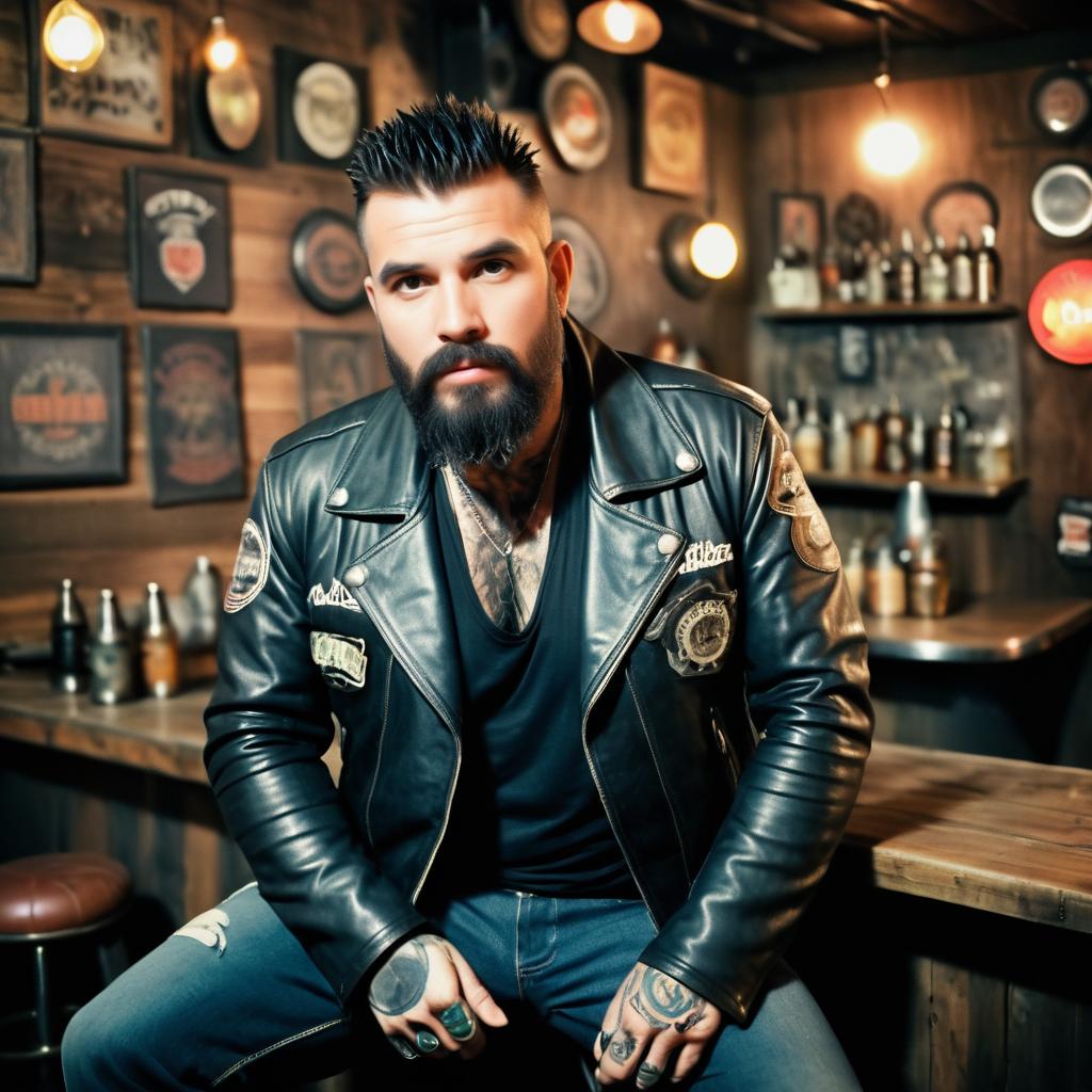 Rugged Man in Leather Jacket at Vintage Bar