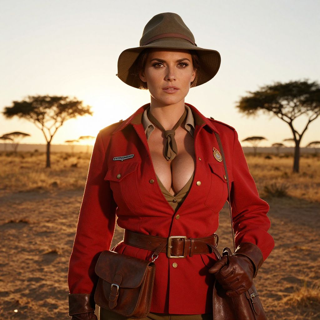 Vintage Safari Explorer Woman in Red Jacket on African Savanna