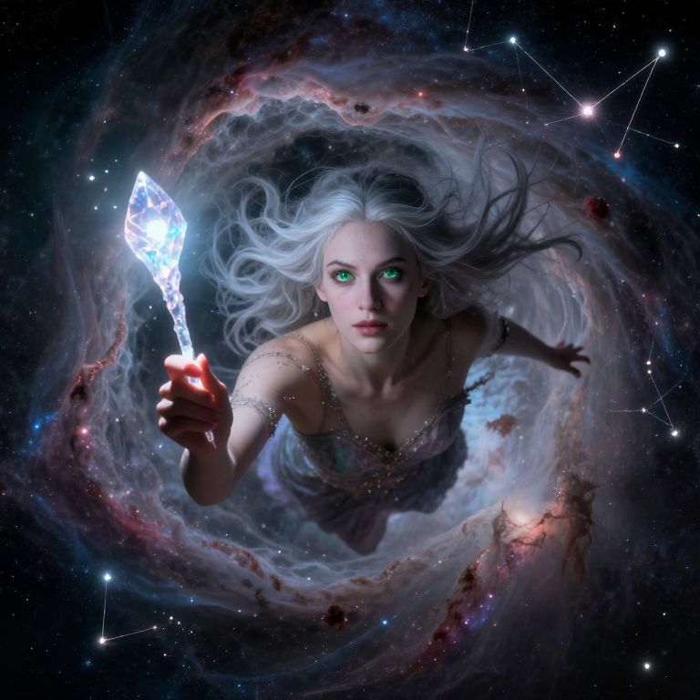 Fantasy Woman with Crystal Staff in Cosmic Vortex Space Art