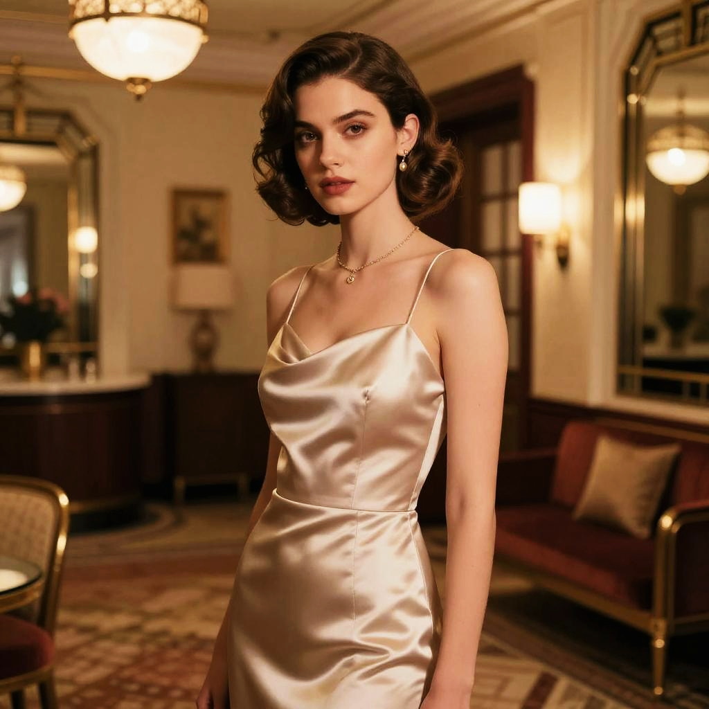 Elegant Woman in Satin Slip Dress in Vintage Interior