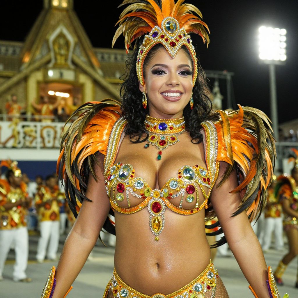 Brazilian Carnival Woman in Vibrant Orange Feathered Costume
