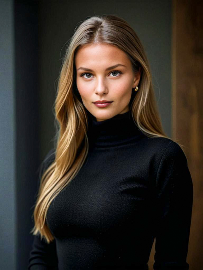 Confident Woman in Black Turtleneck