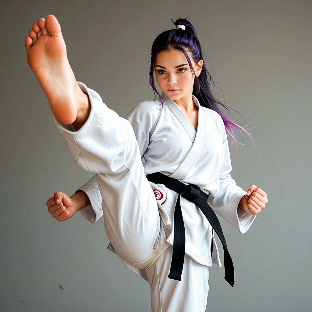 Young Woman Performing High Kick in Martial Arts