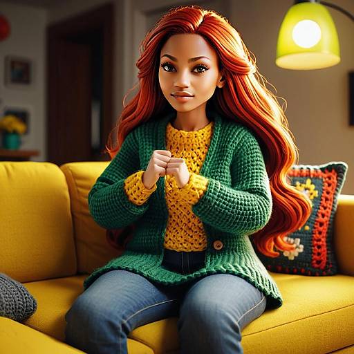 Realistic 3D Woman Sitting on Yellow Couch Wearing Green Cardigan
