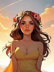 Young Woman in Floral Crown and Yellow Dress