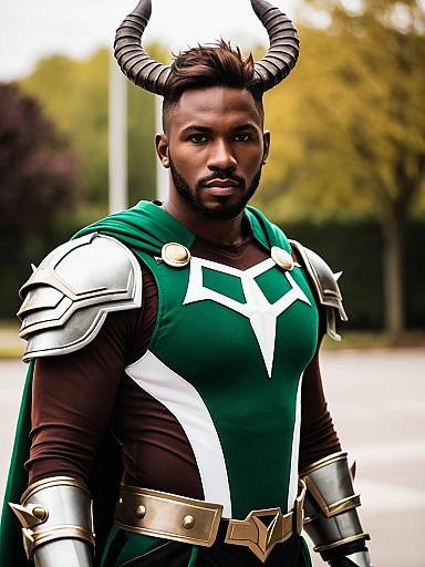 Man in Antonio Lopez-Inspired Costume with Ram Horns and Armor