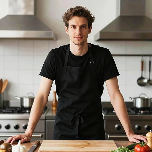 Young Man in Black Apron Cooking in Modern Kitchen