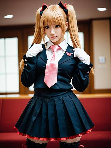 Asmodeus Umineko Cosplay Woman in Navy Blue and Pink Outfit