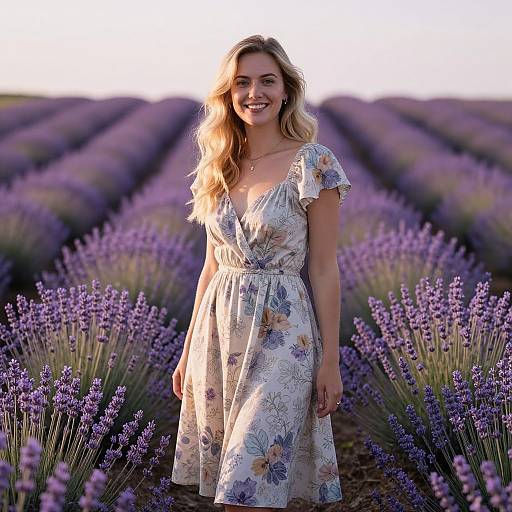 Smiling Woman in Floral Dress Walking Through Lavender Field