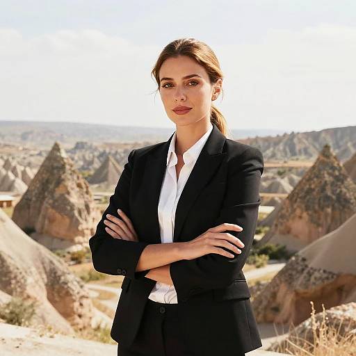 Confident Woman in Black Suit Standing in Cappadocia Landscape