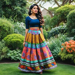 Woman in Traditional Skirt in Lush Garden