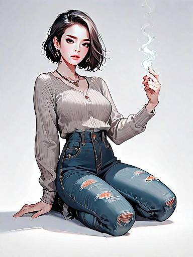 Realistic Digital Art of Casual Woman in High-Waisted Ripped Jeans