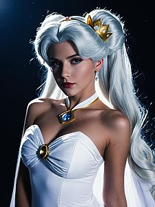 Realistic Queen Serenity Cosplay Woman Character with White Hair and Crown