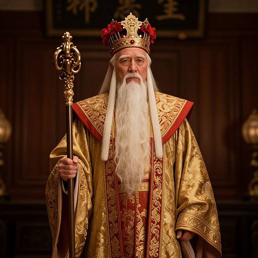 Regal Elderly Emperor in Traditional Chinese Royal Garb Holding Scepter