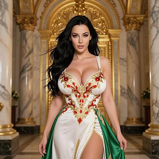 Elegant Woman in Ornate White, Red, and Green Gown with Gold Embroidery in Luxurious Interior