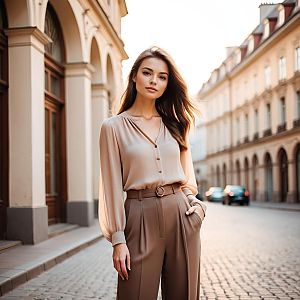 Elegant Woman in Beige Blouse and Trousers on European Street