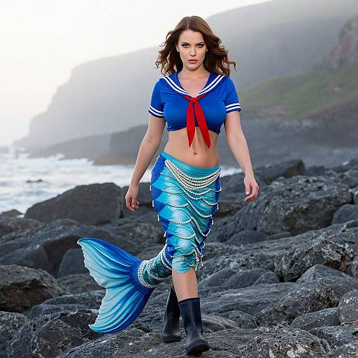 Modern Mermaid Woman in Sailor Top Walking on Ocean Rocks