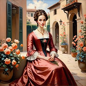 Elegant 18th-Century Woman in Rose and Black Gown