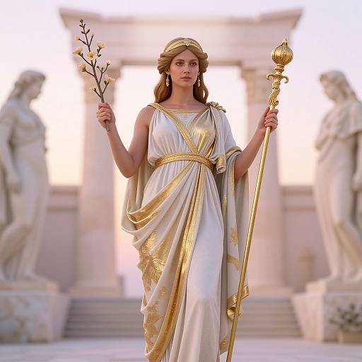 Regal Woman in White and Gold Grecian Gown Holding Staff in Ancient Temple
