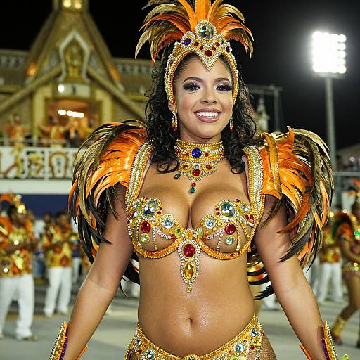 Brazilian Carnival Woman in Vibrant Orange Feathered Costume