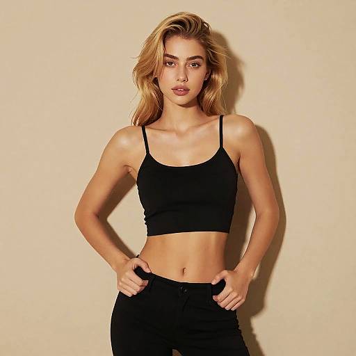 Young Woman in Black Crop Top and Pants Fashion Portrait