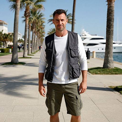 Casual Man in Utility Vest on Palm-Lined Waterfront Promenade