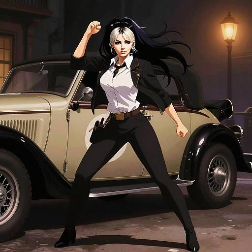 Confident Woman in Stylish Noir Anime Pose with Vintage Car