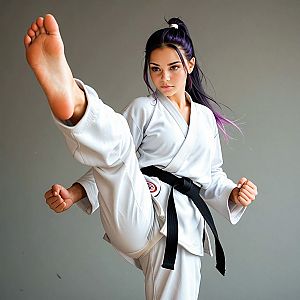Young Woman Performing High Kick in Martial Arts
