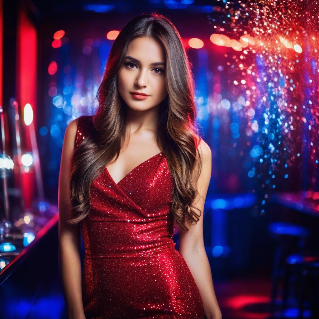 Elegant Woman in Red Dress at Colorful Nightclub