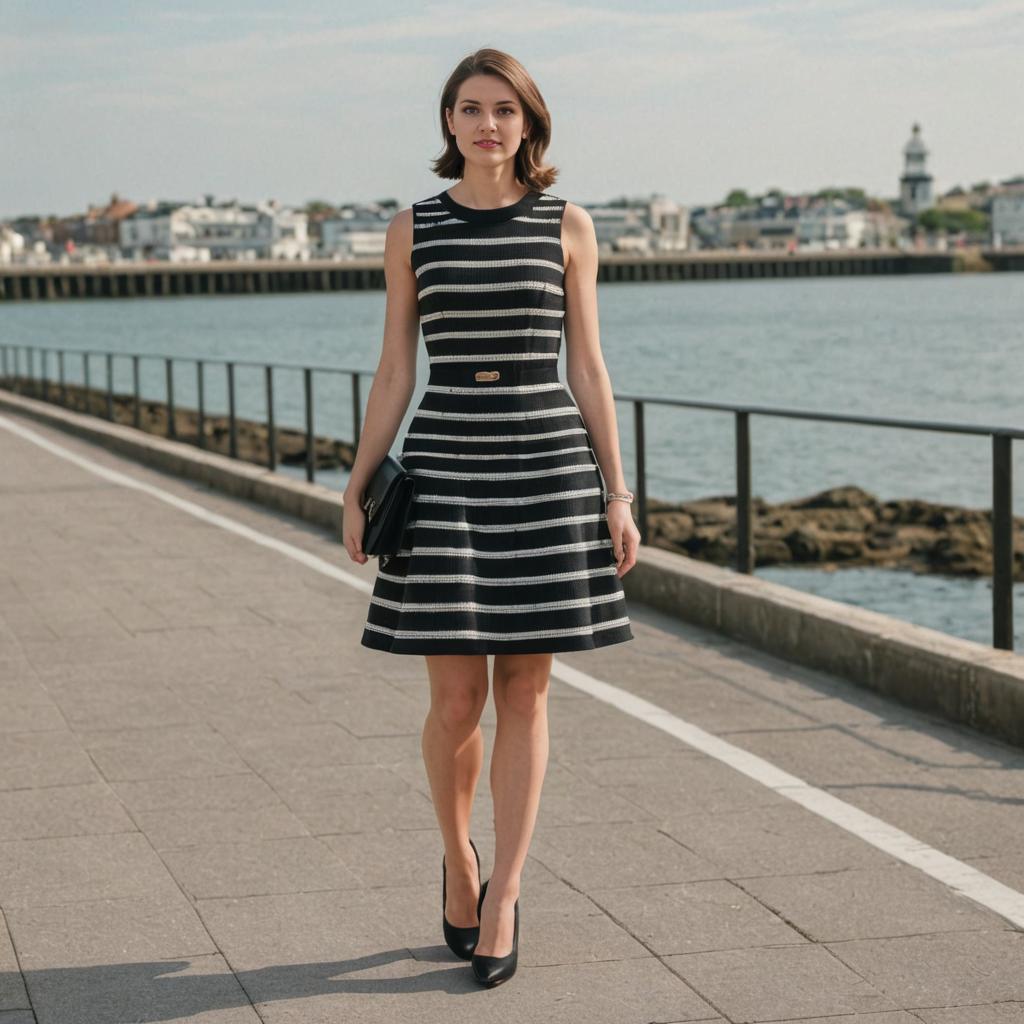 Stylish Woman in Striped Dress on Coastal Promenade