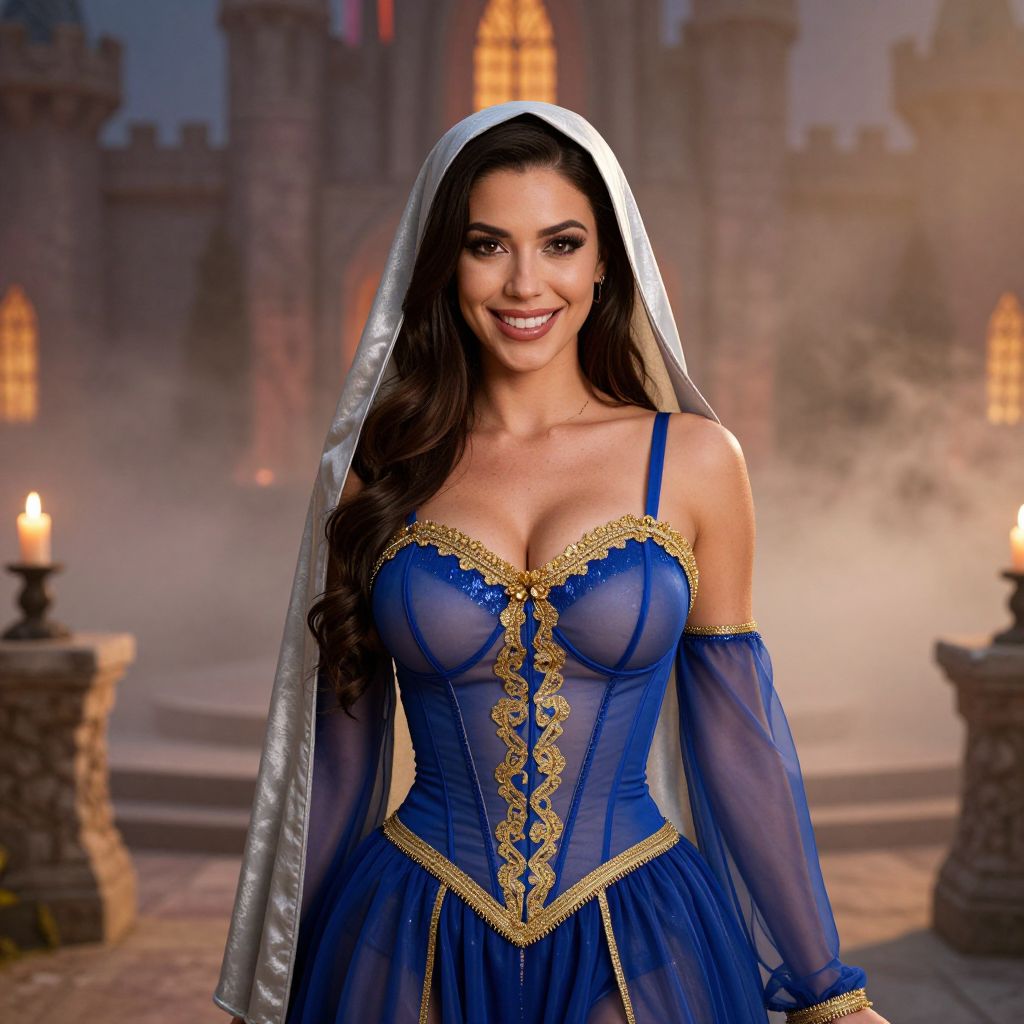 Woman in Royal Blue Medieval Costume with Castle Background