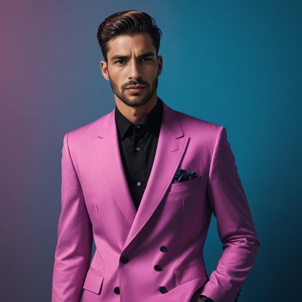 Stylish Man in Bold Pink Suit Against Blue-Purple Background