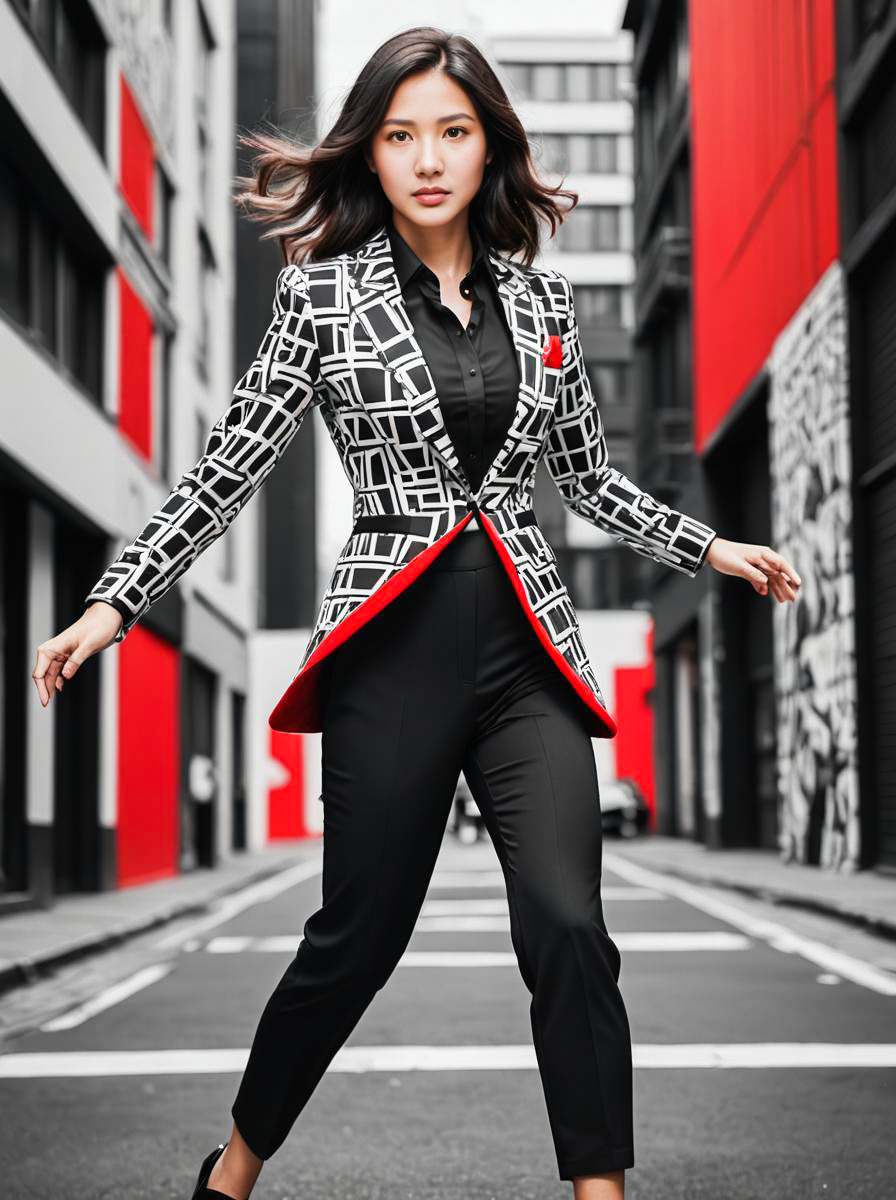 Stylish Woman in Black and White Blazer with Red Accents