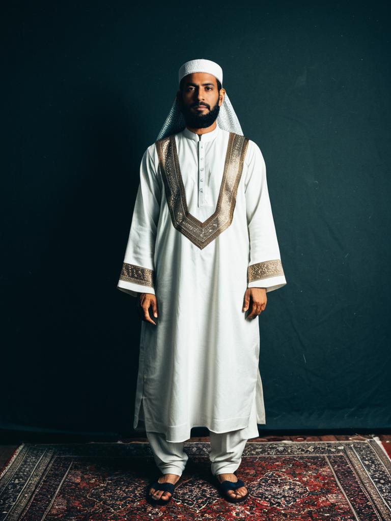 Man in Traditional Muslim Costume Photorealistic Full Body Editorial Portrait