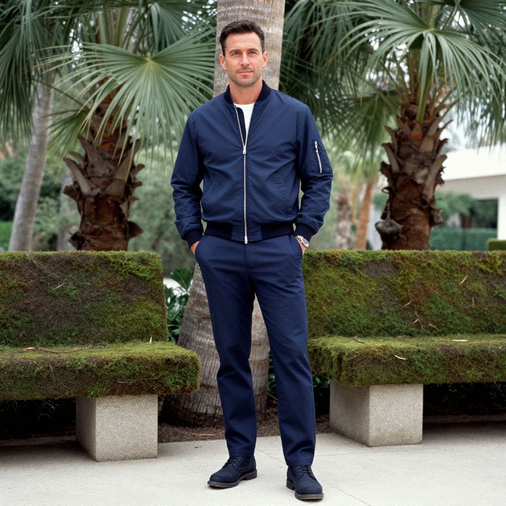 Man in Navy Blue Bomber Jacket and Trousers Outdoors with Palm Trees