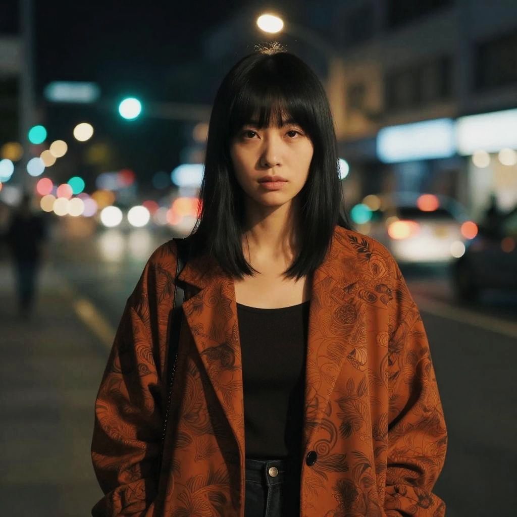Young Woman in Brown Patterned Jacket on City Street at Night