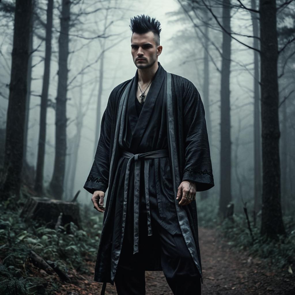 Man with Mohawk in Foggy Forest