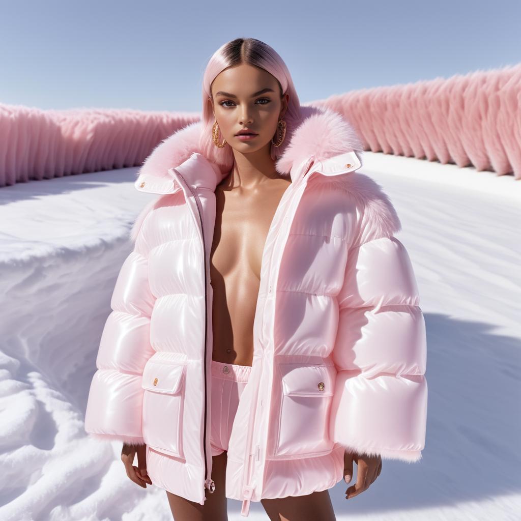 Stylish Woman in Pink Puffer Jacket in Snowy Landscape