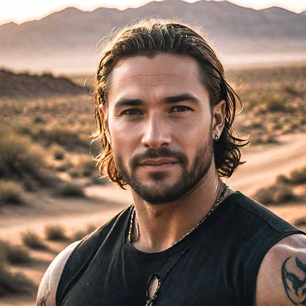 Rugged Man in Desert at Sunset