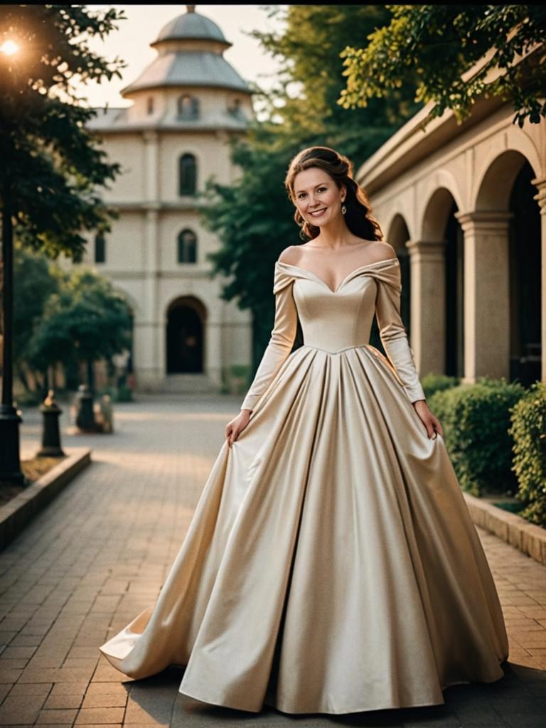 Elegant Woman in Gown at Historic Building