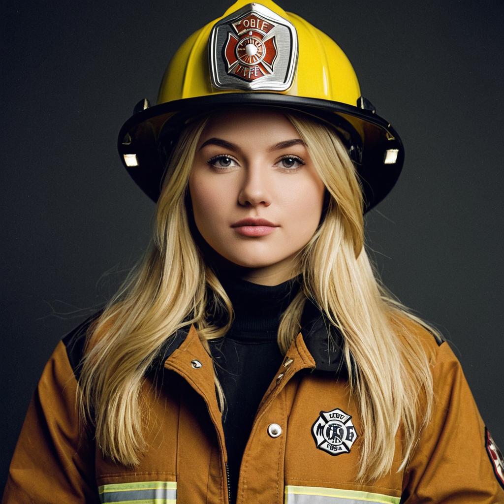 Confident Woman Firefighter in Yellow Helmet and Protective Jacket