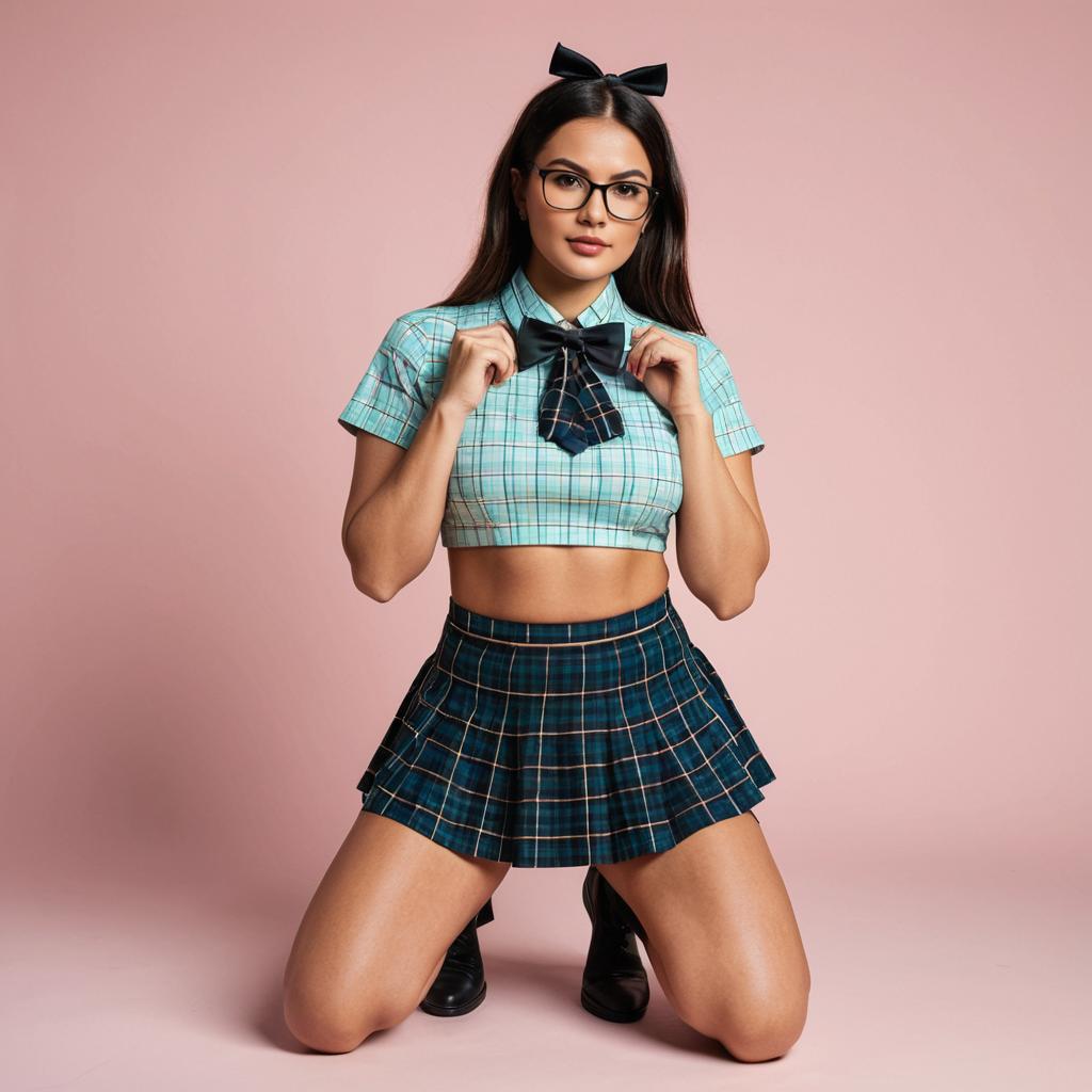 Stylish Young Woman in Plaid Crop Top and Pleated Skirt Fashion Pose