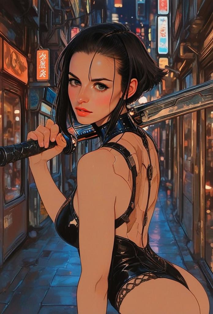 Cyberpunk Woman with Katana in Neon Urban Night Scene Digital Art